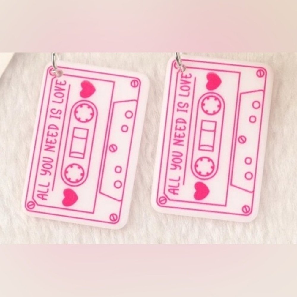 NWT - All You Need Is Love - White Cassette Acrylic Dangle Earrings Set
